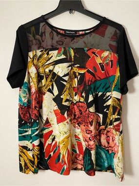 Claire France Plus Size Black Tropical Print Short Sleeve Top